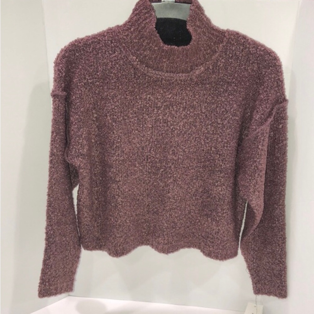 Pink Rose Mock Neck Exposed Seam Dropped Shoulder Long Sleeve Cozy Sweater